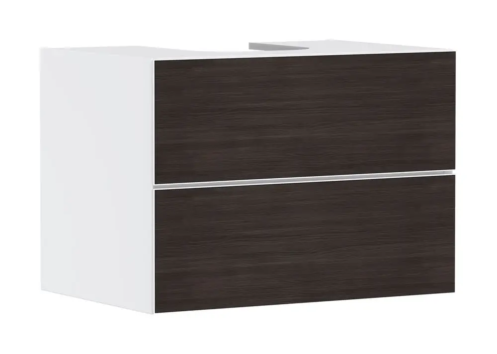 Waschtischunterschrank in mattweiß mit zwei Schubkästen, hergestellt von Hansgrohe, präsentiert sich in einem funktionalen Design und eignet sich für einen Aufsatzwaschtisch.